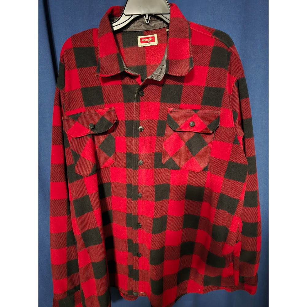 Wrangler Mens Red Black Buffalo Plaid Fleece Shirt Jacket Shacket 2XL 2TG